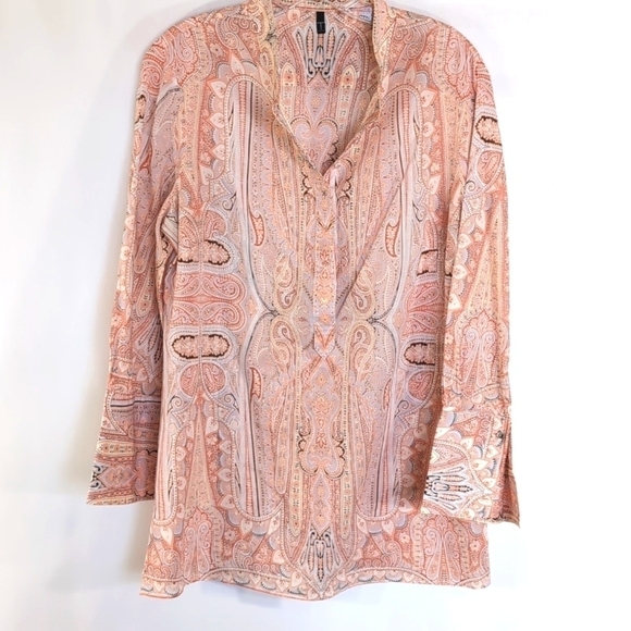 Tahari Tops - Tahari 100% Cotton Peach Patterned Long Sleeve Collarless Blouse Size Large